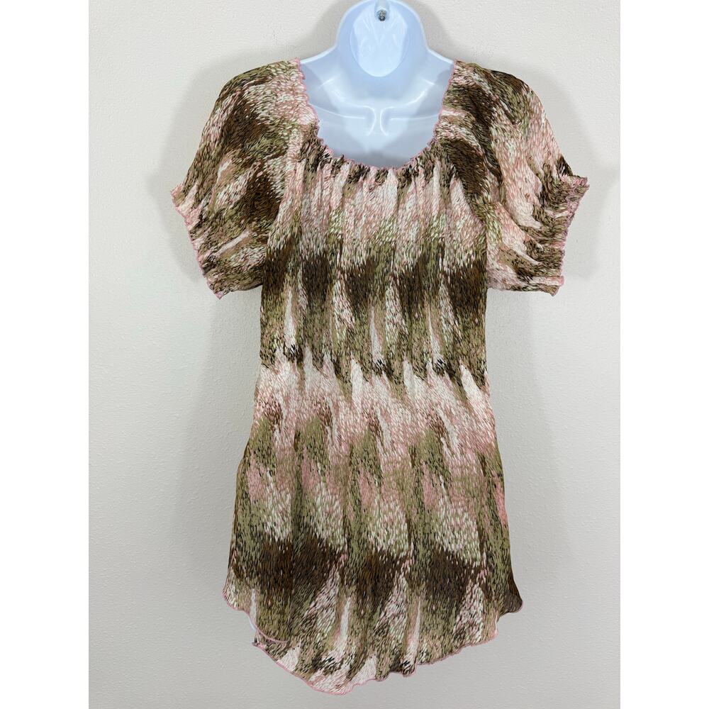 Boho Peasant Blouse Pink Green Flowy Boutique Top Essentials by Milano M - Picture 7 of 7